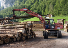 Rundholzumschlag mit Kranfahrzeug im Sägewerk der Beer-Holz AG in Meiringen Rundholzumschlag mit Kranfahrzeug im Sägewerk der Beer-Holz AG in Meiringen